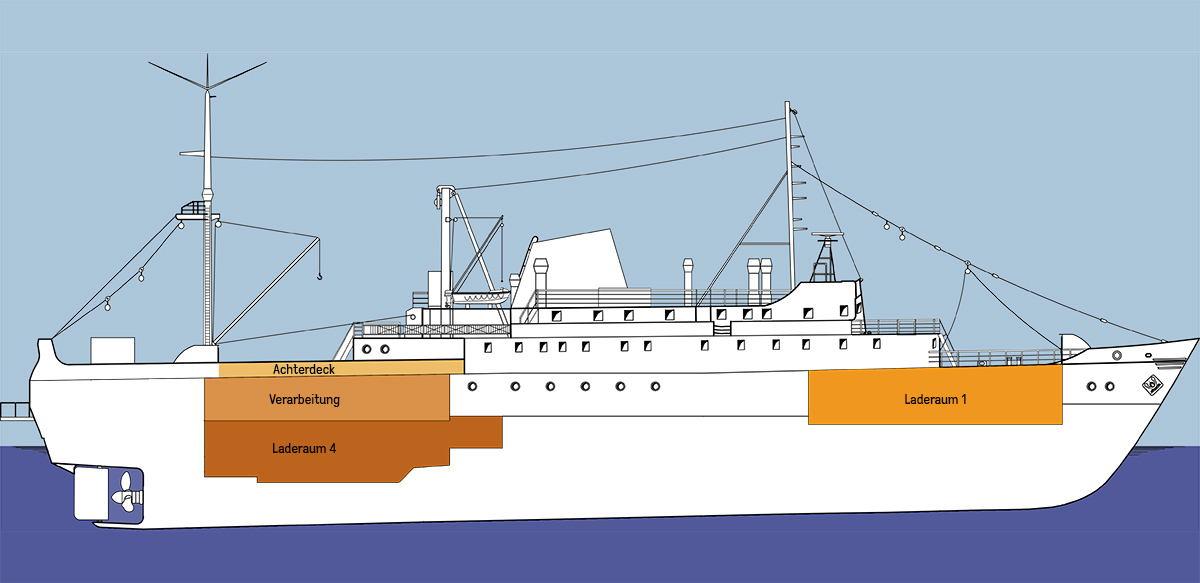 Querschnitt der MS Stubnitz mit farblich hervorgehobenen Veranstaltungsräumen in Orange: Verarbeitung, Laderaum 1, Laderaum 4 und Achterdeck